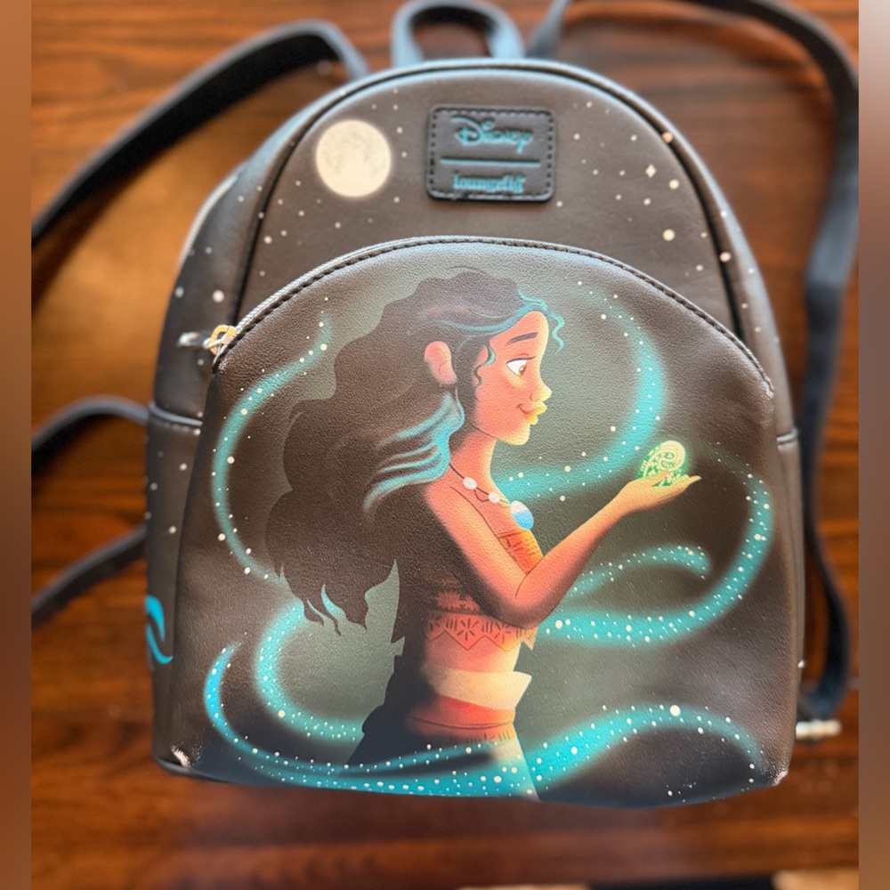 Loungefly Black Mini Backpack with Teal Glow Moana Artwork